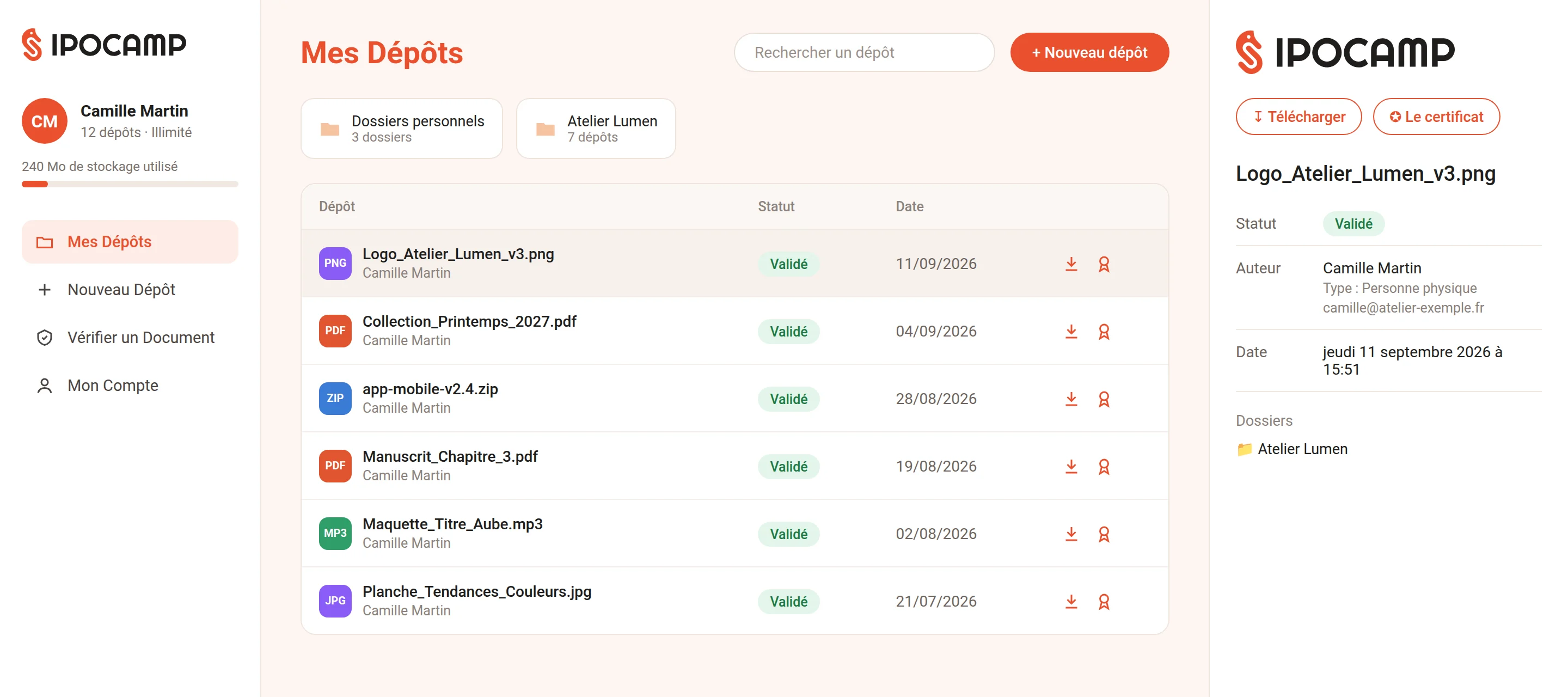 Espace client : liste des dépôts et détail du fichier sélectionné